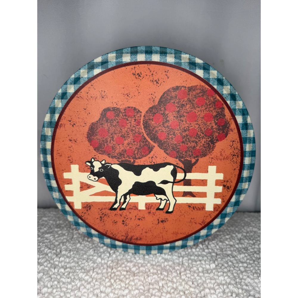Vintage Farmhouse Cow Sheep Folk Art Round Metal Cookie Tin Gingham Border 7.5in